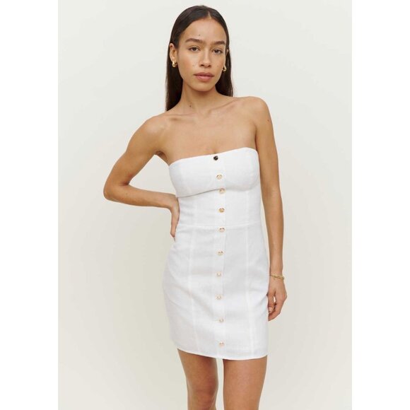 Reformation Strapless Sheila Linen Mini Dress White Size 10 Y2K Gold Button - Picture 1 of 5